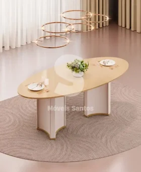MESA DJ LIZ 218X108 TAMPO ORGANICO C/VIDRO OFF WHITE/DOURADO