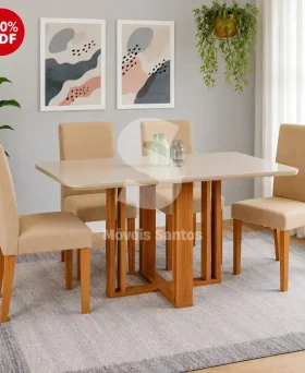 CJ MESA 4C CIMOL FLORA C/VIDRO RETANGULAR 130X80 MAIA CINAMOMO/OFF WHITE/GENGIBRE